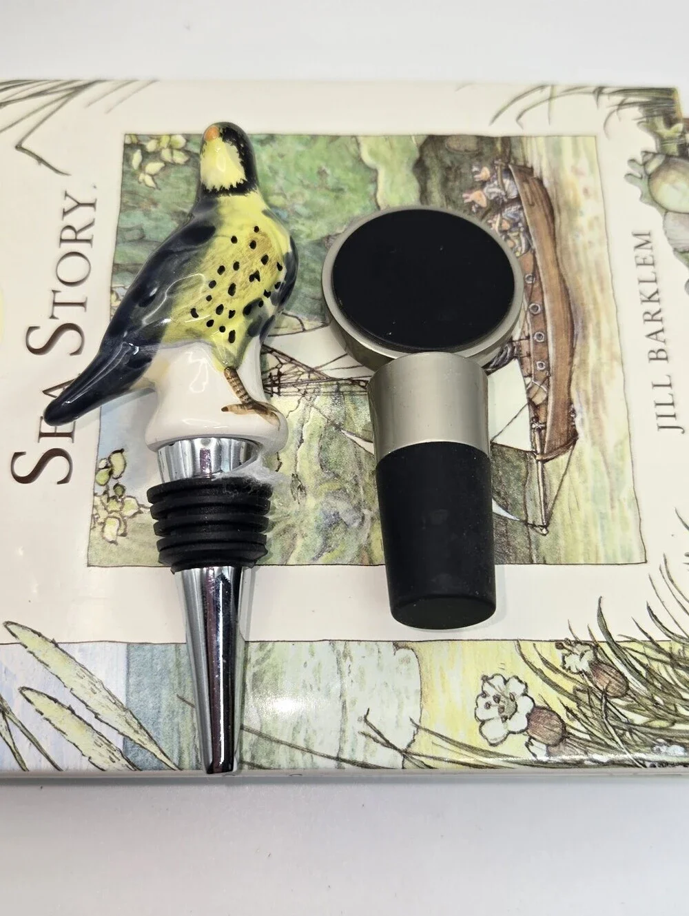 Lot Of 2 Wine Stoppers Crate & Barrel And Ceramic Bird